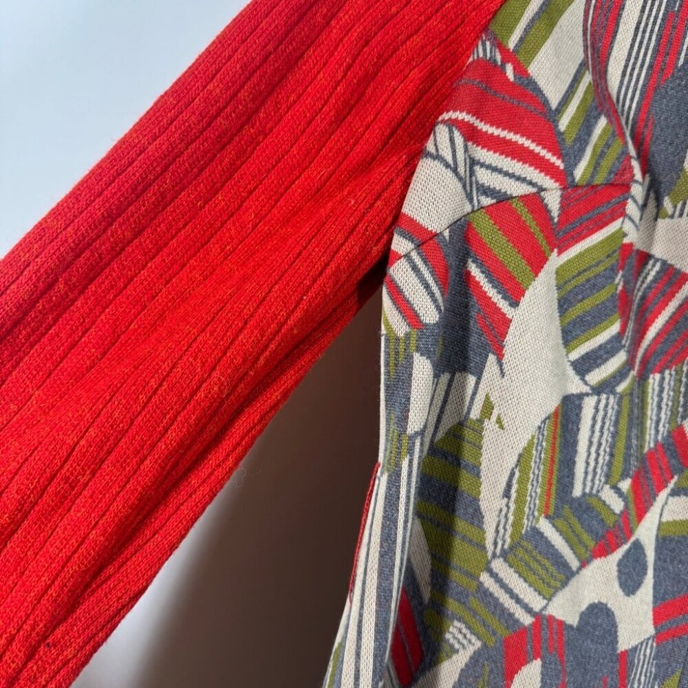 Vintage 60s 70s Red Geometric Print Long Sleeve Zip Back Retro Midi Dress - Picture 8 of 14